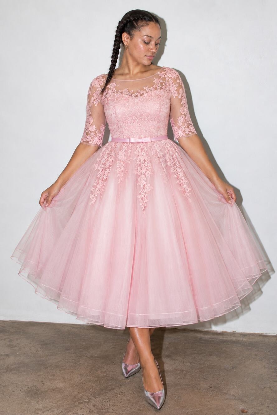 Pink 50s Style Lace Party Dress Tulle, Fit & Flare Retro Cocktail Dress, SZ 6 8